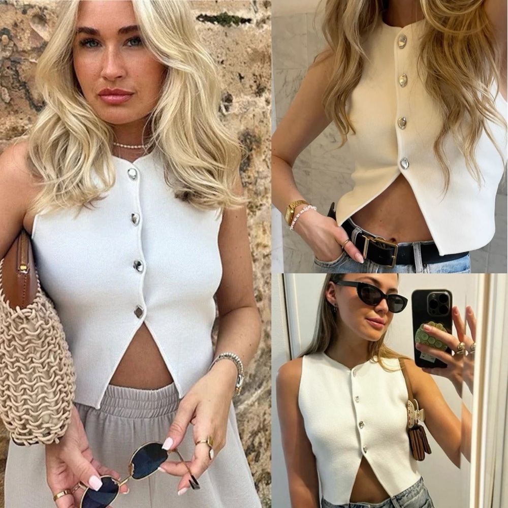 Zara NWT white short vest with silver buttons